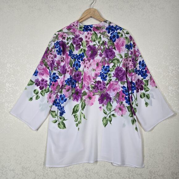 Susan Graver Cardigan Jacket Top sz L White Multicolor Floral Open Front Boho - Picture 6 of 12